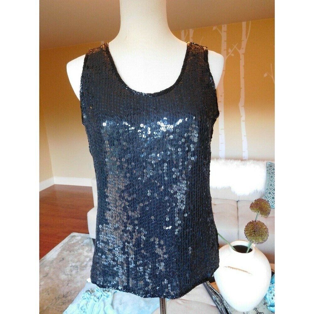 Gorgeous RINA Z Women's Black Sleeveless Silk Sequined Top Fully Lined Size SM